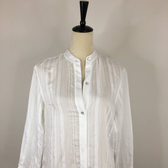 VINCE White Textured Striped Semi Sheer Fabric Long Sleeve Button Shirt - Picture 5 of 16